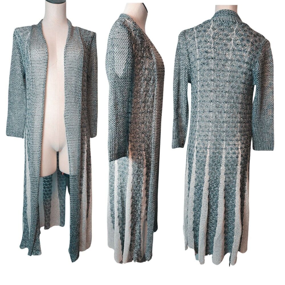 Adore Duster Cardigan Gray White Metallic Crochet Lace Knit Whimsy Maxi Size S